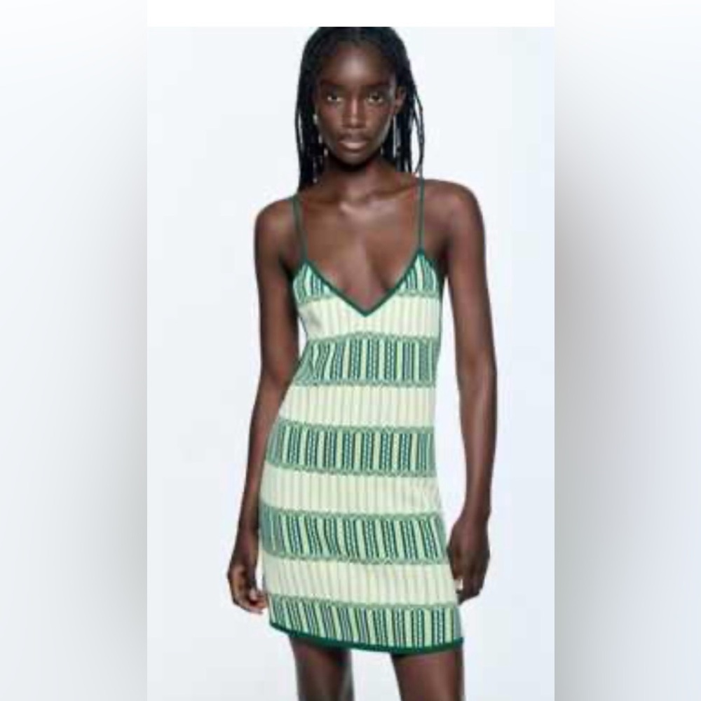 Zara Green and Cream Striped V-Neck Mini Dress